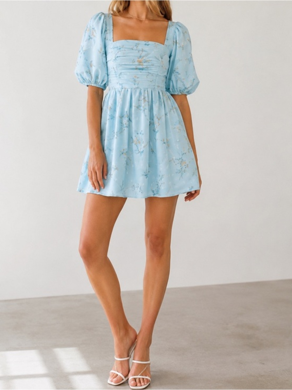 Self Portrait Blue Floral Watercolour Taffeta Puff Sleeve Cocktail Mini Dress
